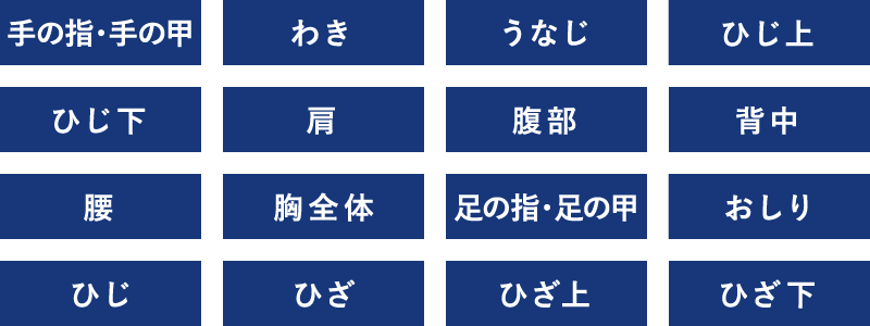 手の指 手の甲 わき うなじ ひじ上 ひじ下 肩 腹部 背中 腰 胸元全体 足の指 足の甲 ひざ下 おしり ひざ上