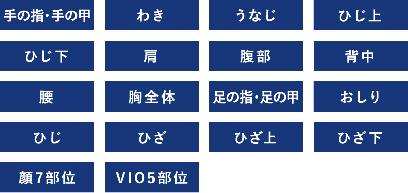 手の指 手の甲 わき うなじ ひじ上 ひじ下 肩 腹部 背中 腰 胸元全体 足の指 足の甲 ひざ下 おしり ひざ上 顔7部位 VIO5部位