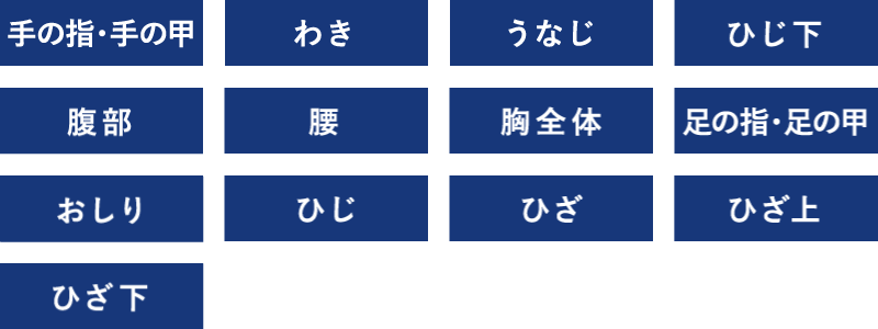 手の指 手の甲 わき うなじ ひじ上 ひじ下 肩 腹部 背中 腰 胸元全体 足の指 足の甲 ひざ下 おしり ひざ上